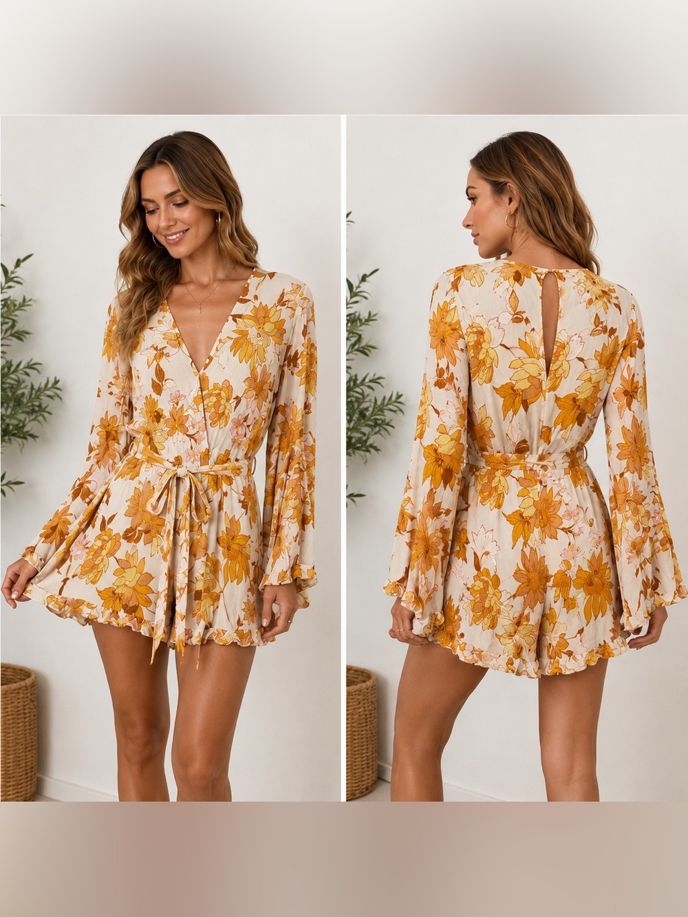 VICI Enterprises Floral Tie Waist Wrap Size Small Boho Bell Sleeve Kimono Romper